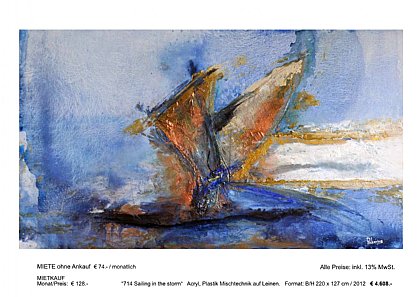 MIETBILDER “714 Sailing in the storm“ Acryl, Plastik Mischtechnik auf Leinen. Format: B/H 220 x 127 cm / 2012 € 4.608.-