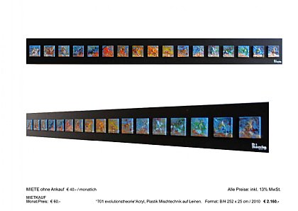 “701 evolutionstheorie“Acryl, Plastik Mischtechnik auf Leinen. Format: B/H 252 x 25 cm / 2010 € 2.160.-