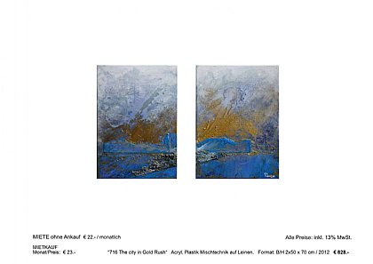 “716 The city in Gold Rush“ Acryl, Plastik Mischtechnik auf Leinen. Format: B/H 2x50 x 70 cm / 2012 € 828.-
