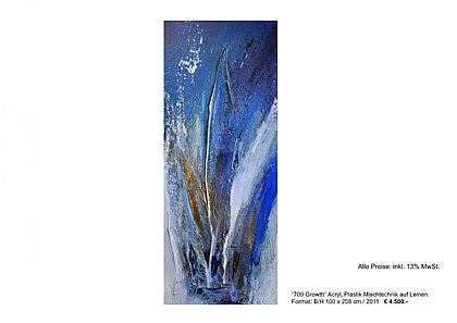 MIETBILDER “709 Growth“ Acryl, Plastik Mischtechnik auf Leinen. Format: B/H 100 x 258 cm / 2011 € 4.500.- Verk